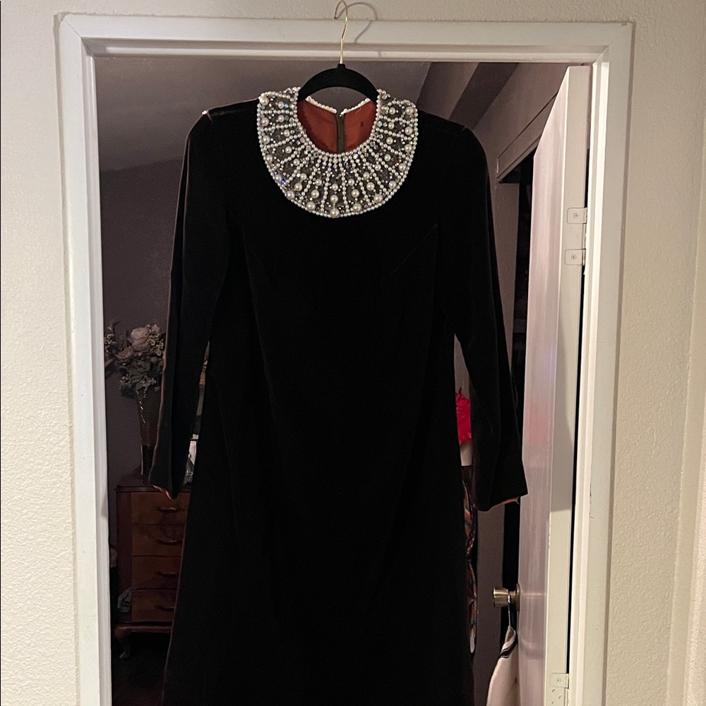 Vintage Black Velvet Dress with Beaded Collar